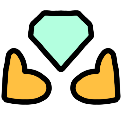a diamond shape, two emoji yellow hand shapes under it.